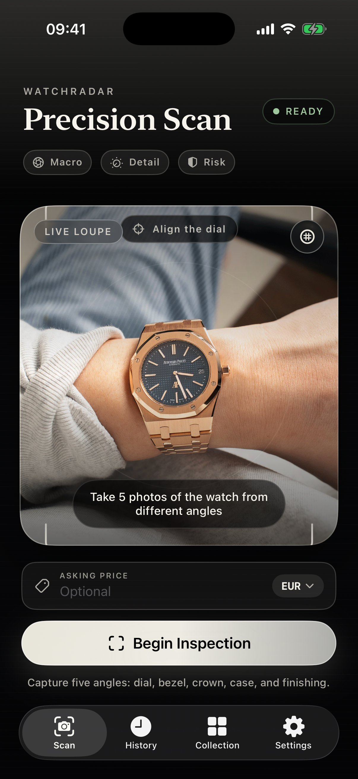 WatchRadar Precision Scan — Loupe Live sur une Audemars Piguet.