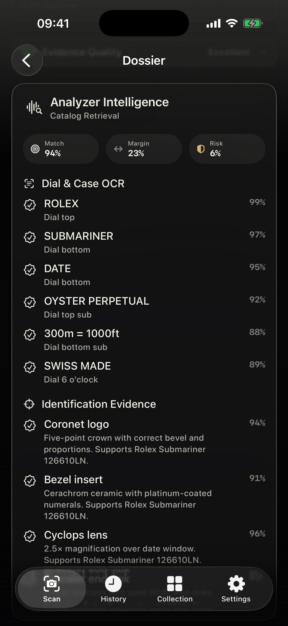 WatchRadar Analyzer Intelligence — OCR and reference matching panel.