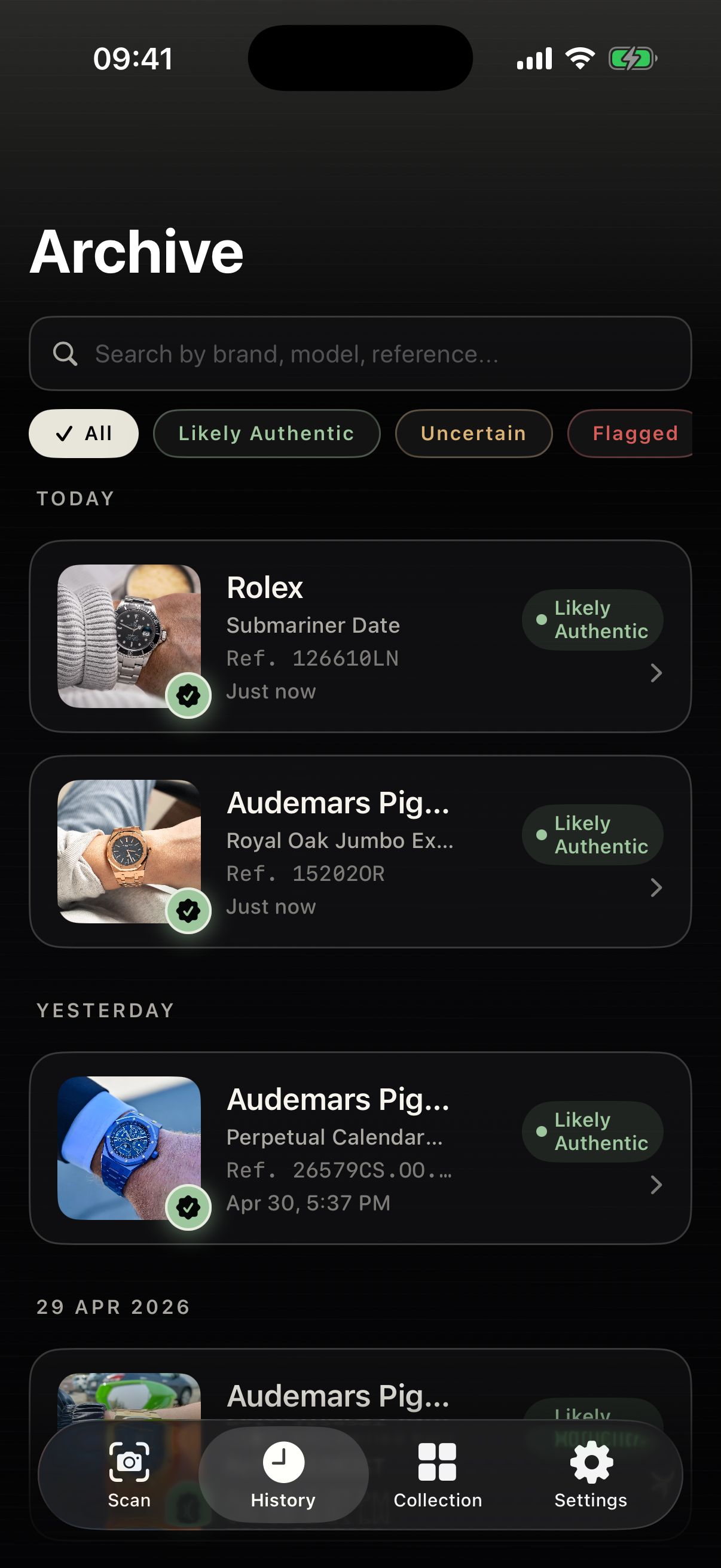 WatchRadar Archive view — searchable history of past authentication scans, filtered by status.
