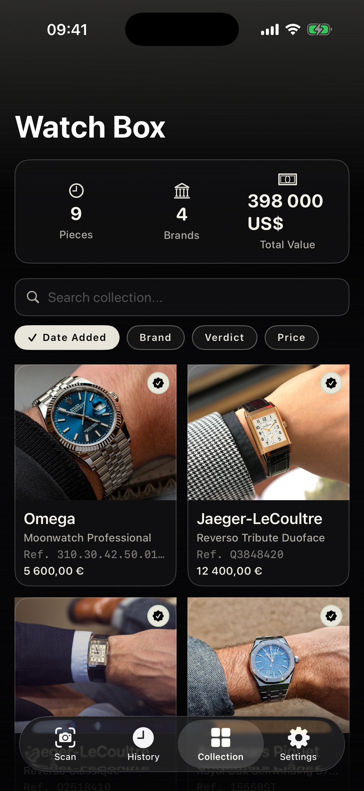 WatchRadar Watch Box — collection grid showing watches across multiple brands.